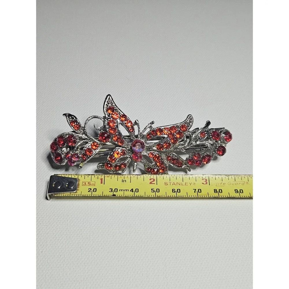 Red Rhinestone Butterfly Hair Barrette Crystal Sparkly Silver Flower Clip Women